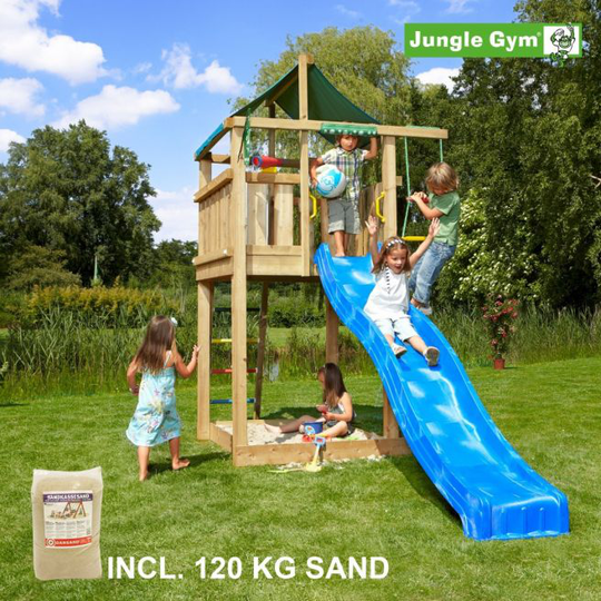Jungle Gym Lodge legetårn komplet, inkl. 120 kg sand og blå rutschebane - 804-274SAB