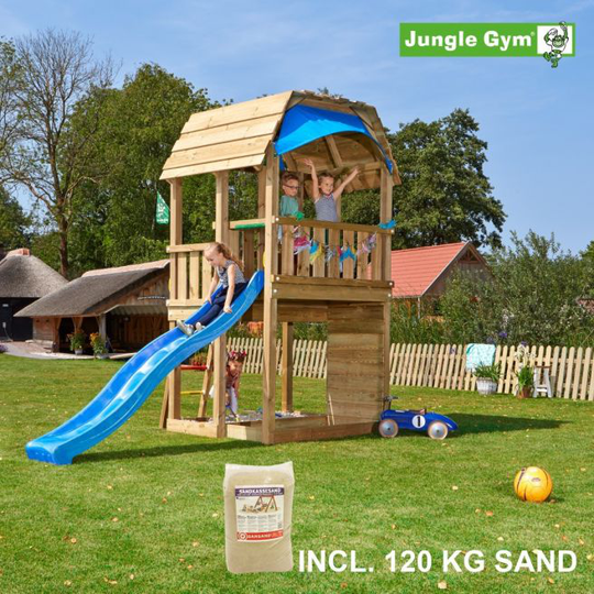 Jungle Gym Barn legetårn komplet, inkl. 120 kg sand og blå rutschebane - 804-287SAB