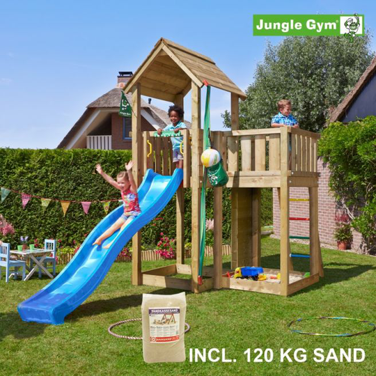 Jungle Gym Mansion legetårn komplet, inkl. 120 kg sand og blå rutschebane - 804-267SAB