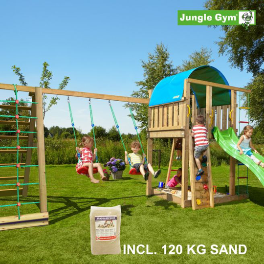 Jungle Gym Villa legetårn komplet inkl. climb module xtra, 120 kg sand og grøn rutschebane - 804-285CXSG