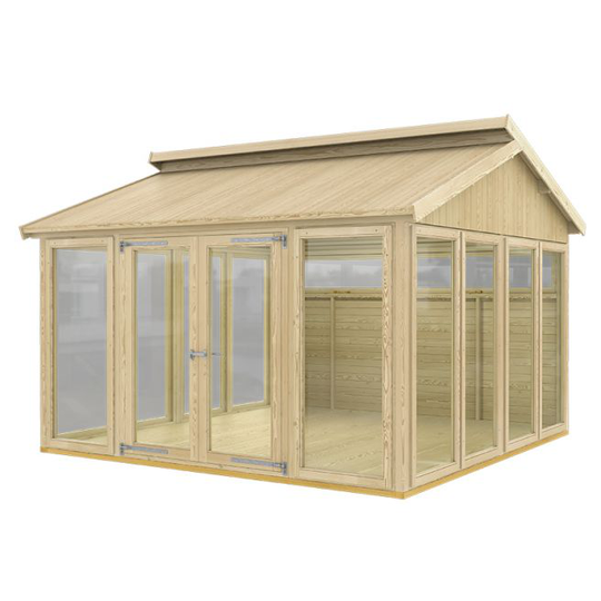 Plus Multi Pavillon m/10 vinduer, 2 træelem. m/opl. vinduer og én db dør - inkl. gulvstrøer og gulvbrædder - grundmål: BxL 350x