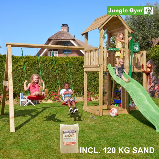 Jungle Gym Mansion legetårn komplet inkl. swing module xtra, 120 kg sand og grøn rutschebane - 804-267SXSG