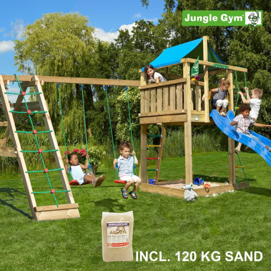 Jungle Gym Lodge legetårn komplet inkl. climb module xtra, 120 kg sand og blå rutschebane - 804-274CXSB