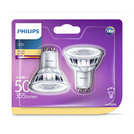 Philips LEDClassic 50W spot glas GU10 varm hvid ikke dæmpbar 2 stk - 8718696582695