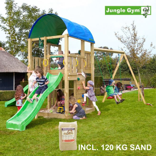 Jungle Gym Farm legetårn komplet inkl. swing module xtra, 120 kg sand og grøn rutschebane - 804-272SXSG