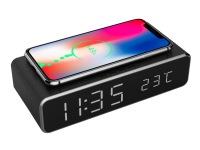 Gembird Digitaler vækkeur med trådløs Ladefunktion Sort, Digital alarmur, Rektandel, Sort, iPhone X/XS/XR, iPhone 8, Galaxy S8/S7/S6, LCD