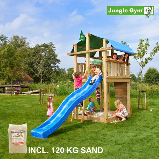 Jungle Gym Fort legetårn komplet, inkl. 120 kg sand og blå rutschebane - 804-275SAB