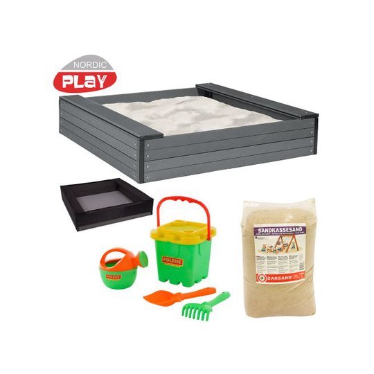 Nordic Play Sandkasse med sæde 24 x 120 x 120 cm WPC inkl. net, 240 kg sand og grønt strandsæt - 805-737
