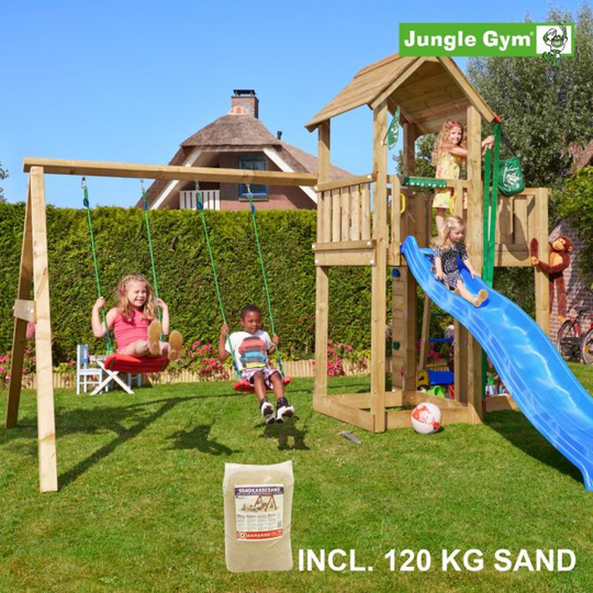 Jungle Gym Mansion legetårn komplet inkl. swing module xtra, 120 kg sand og blå rutschebane - 804-267SXSB