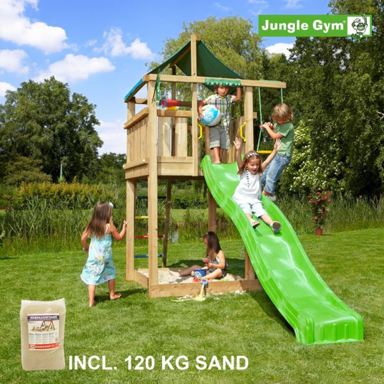 Jungle Gym Lodge legetårn komplet, inkl. 120 kg sand og grøn rutschebane - 804-274SG
