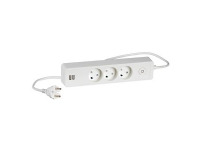 LAURITZ KNUDSEN LK stikkontaktdåse 3 udtag u. jord med afbryder og glimlampe. 1,5m ledning DK stikprop 2 USB Hvid