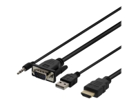 DELTACO - HDMI-kabel - HDMI han til USB, HD-15 (VGA), ministik han - 2 m - sort - tommelskruer, 1080p support