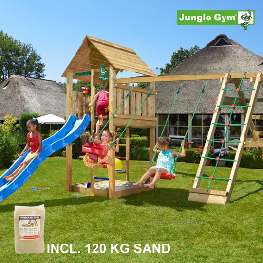 Jungle Gym Cabin legetårn komplet inkl. climb module xtra, 120 kg sand og blå rutschebane - 804-283CXSB