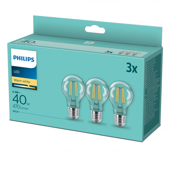 Philips LED classic 40W Standard E27 Varm hvid klar 3-discount stkke - 8718699777753